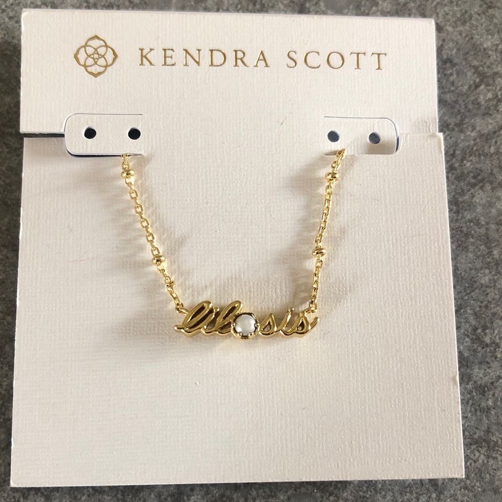 Kendra Scott Gold Tone Lil Sis Script Pendant Necklace Freshwater Pearl NWT